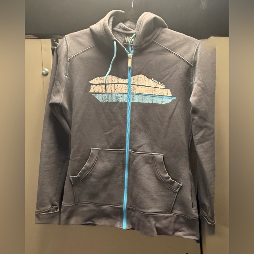 Moutian Hardwear Gray Zip-Up Hoodie with Blue Trim and Graphic